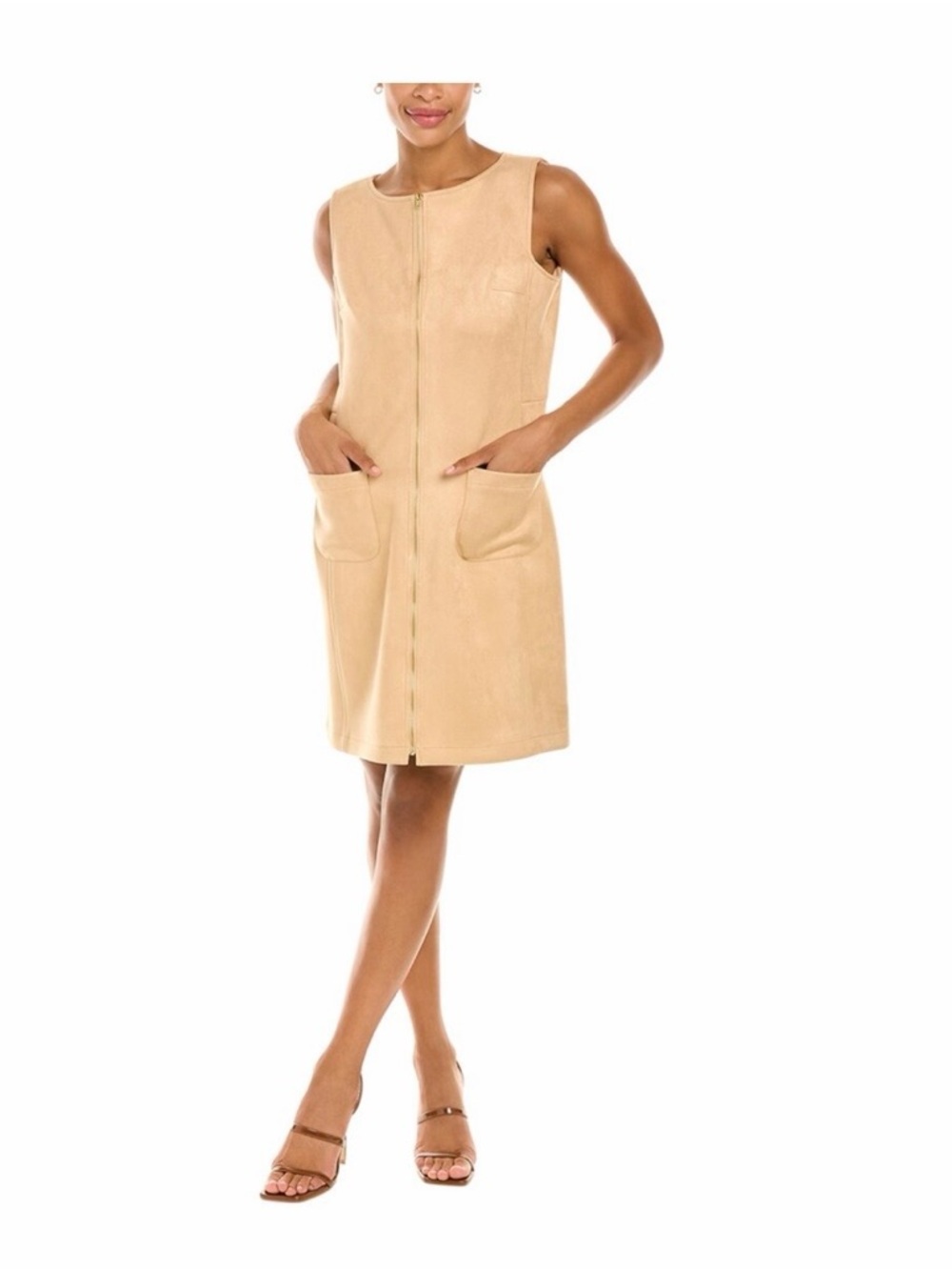Jude Connally Becky faux suede tan Sleeveless Zip-Front Shift Dress Sz M